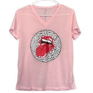 Light Pink Leopard Lips Mouth Short Sleeve Top
